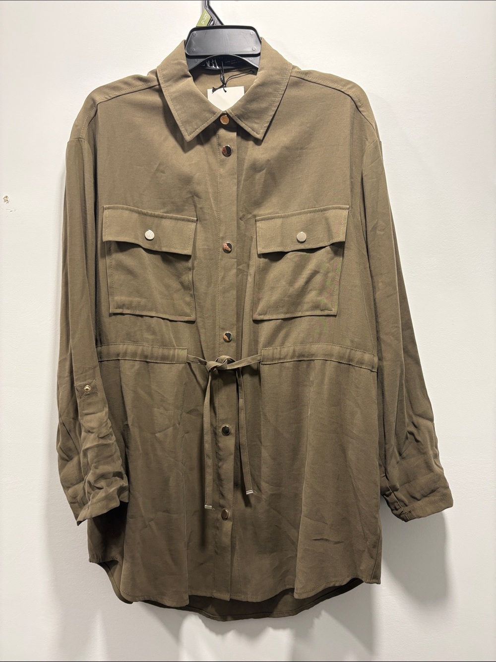 NWT Zara Olive Green Drawstring Utility Shirtdress M